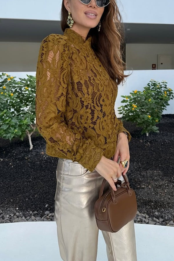 Daniela® | Palace Style Crochet Flower Lace Stand Neck Button Puff Sleeve Jacket