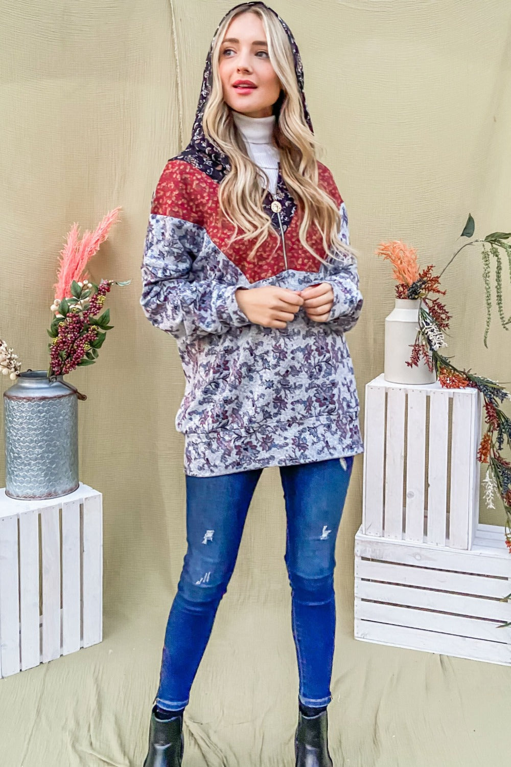 Elfriede® | And The Why printed long sleeve half zip hoodie