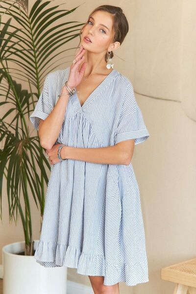 Clarisa® | Striped babydoll dress with ruffle hem and V-neck