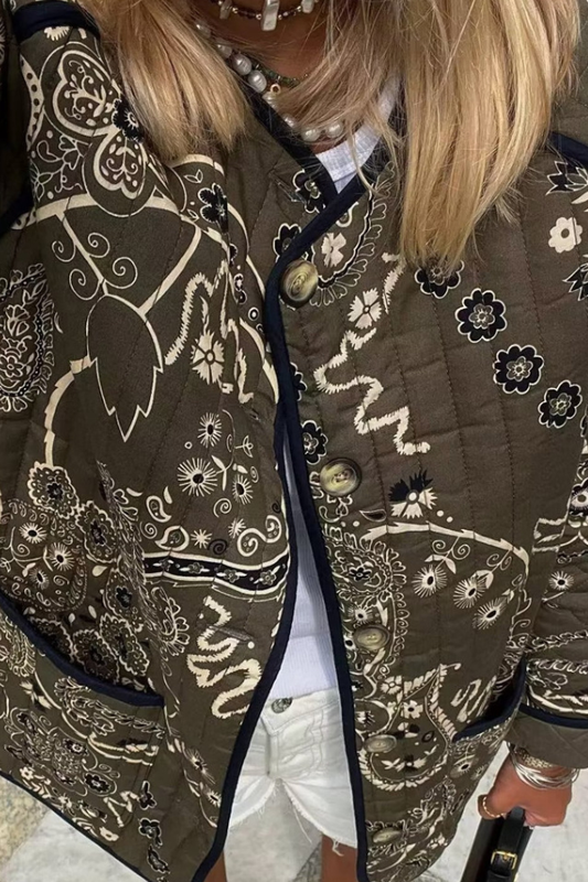 Elizabeth® | Retro Print Pockets Loose Round Neck Jacket