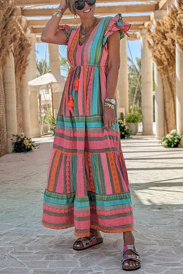 Belén® | Sunlit Magic linen blend maxi dress with ethnic print, ruffle sleeves and tassels