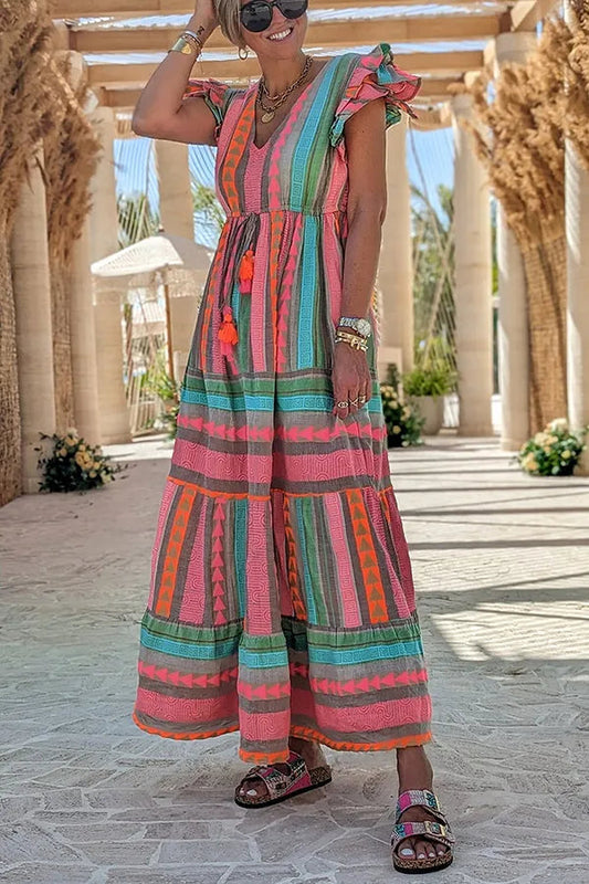 Belén® | Sunlit Magic linen blend maxi dress with ethnic print, ruffle sleeves and tassels