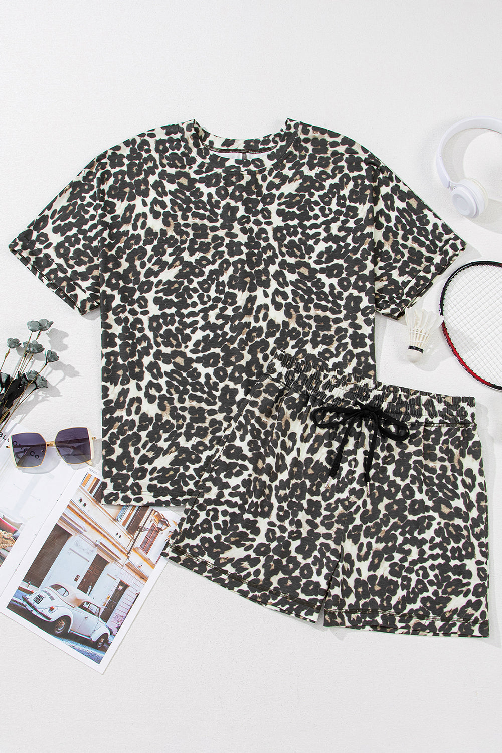Dulce® | Leopard crew neck top and shorts set