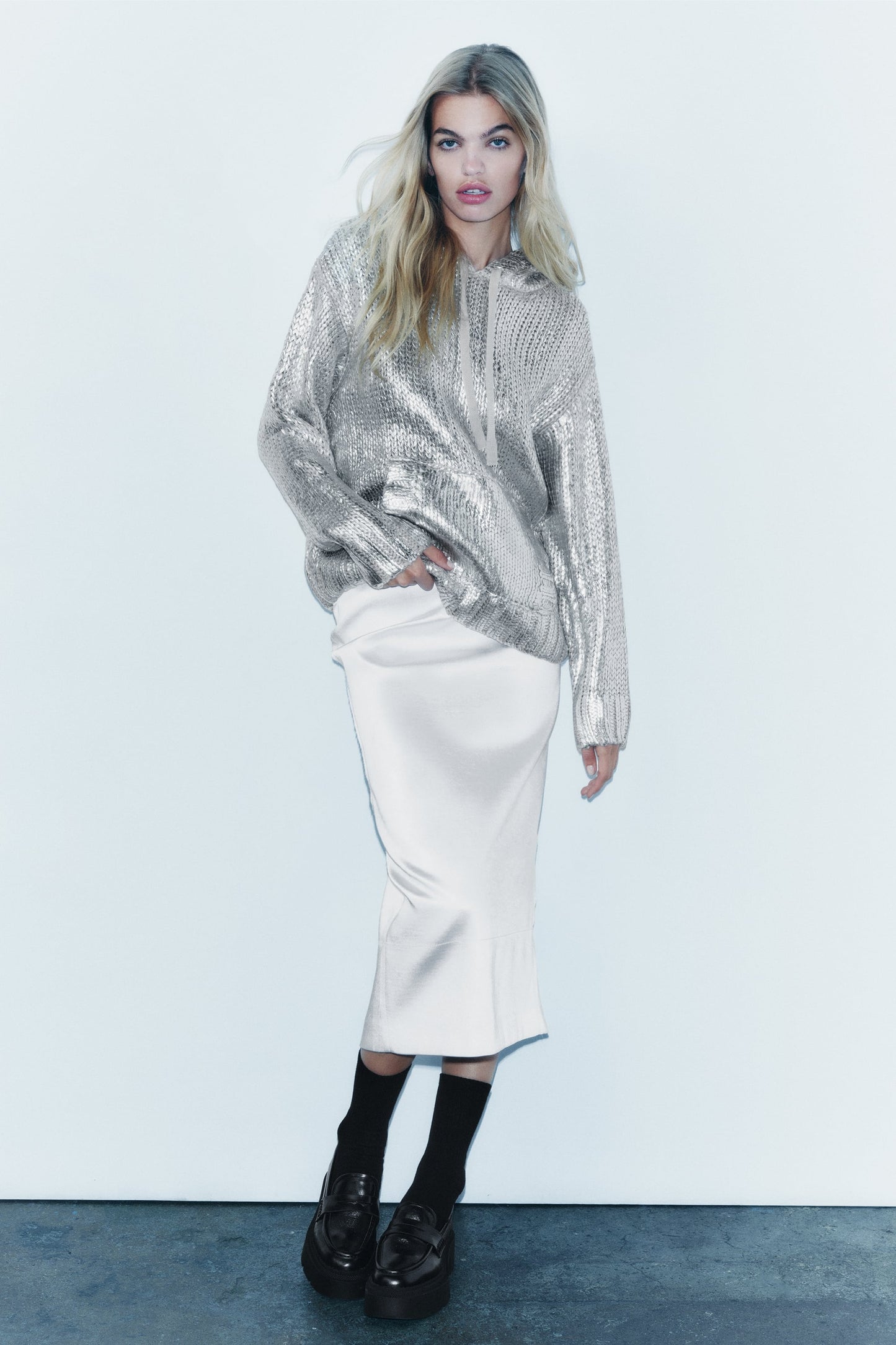 Chloe® | Silver knitted foil hoodie