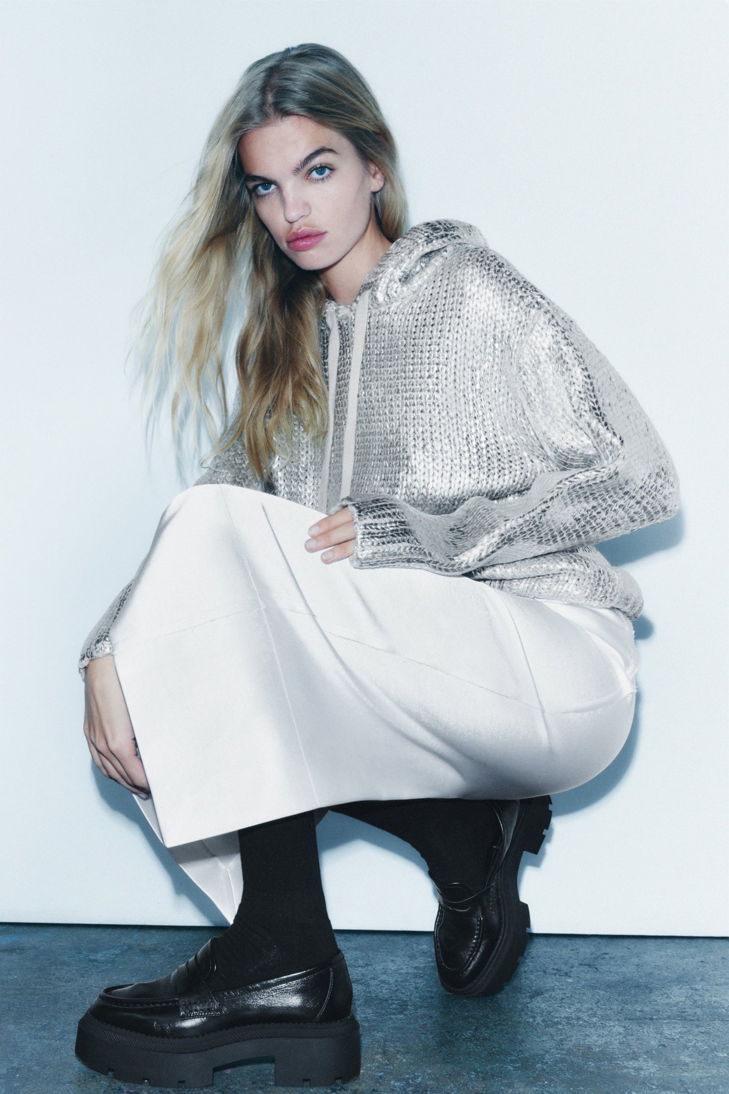 Chloe® | Silver knitted foil hoodie