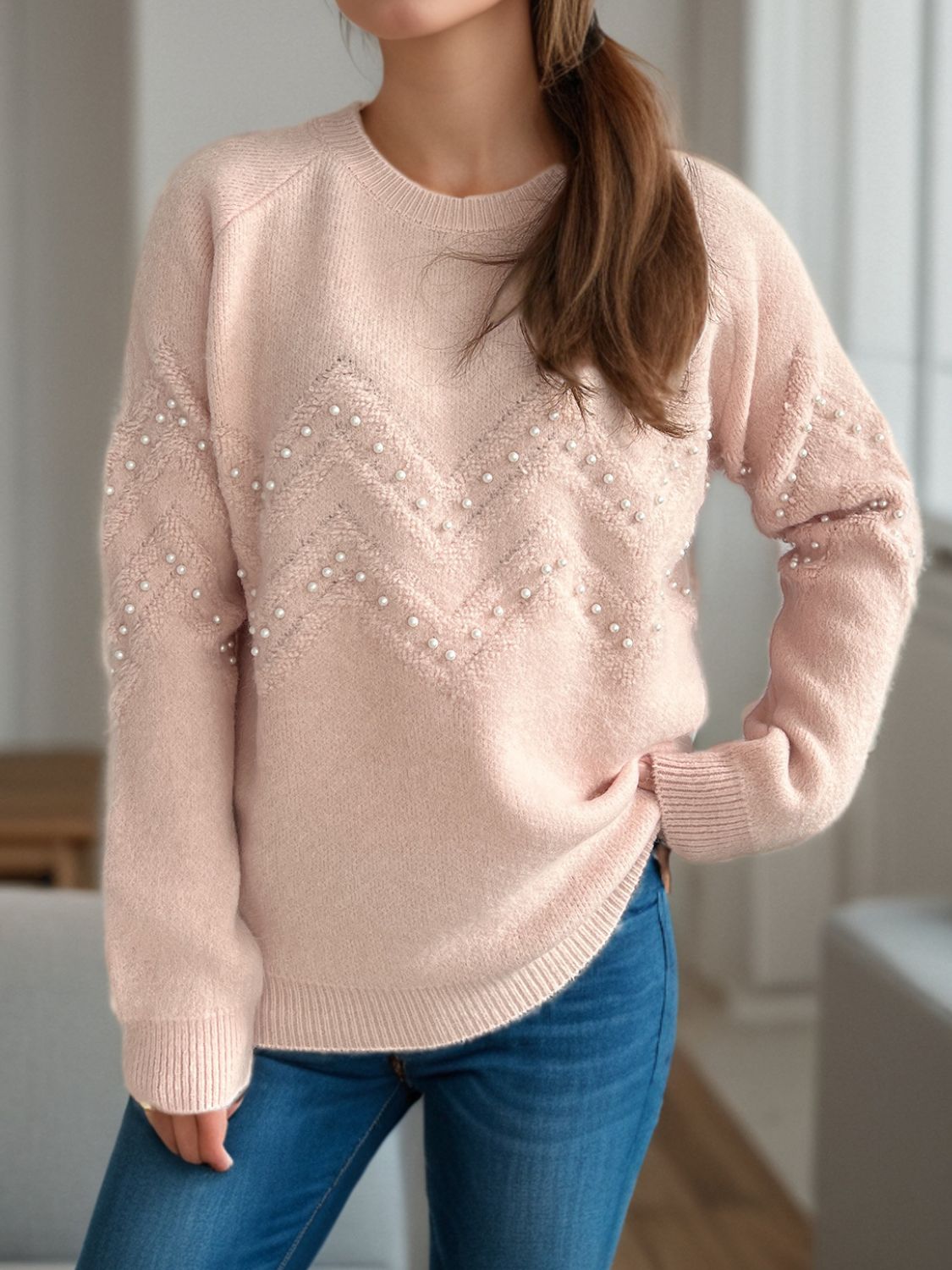 Concepcion® | Round neck sweater with raglan sleeves and pearl trim