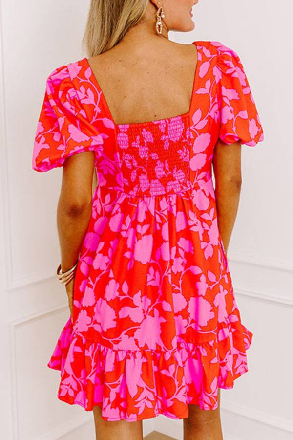 Elena® | Red floral ruffle mini dress with bubble sleeves and sweetheart neckline
