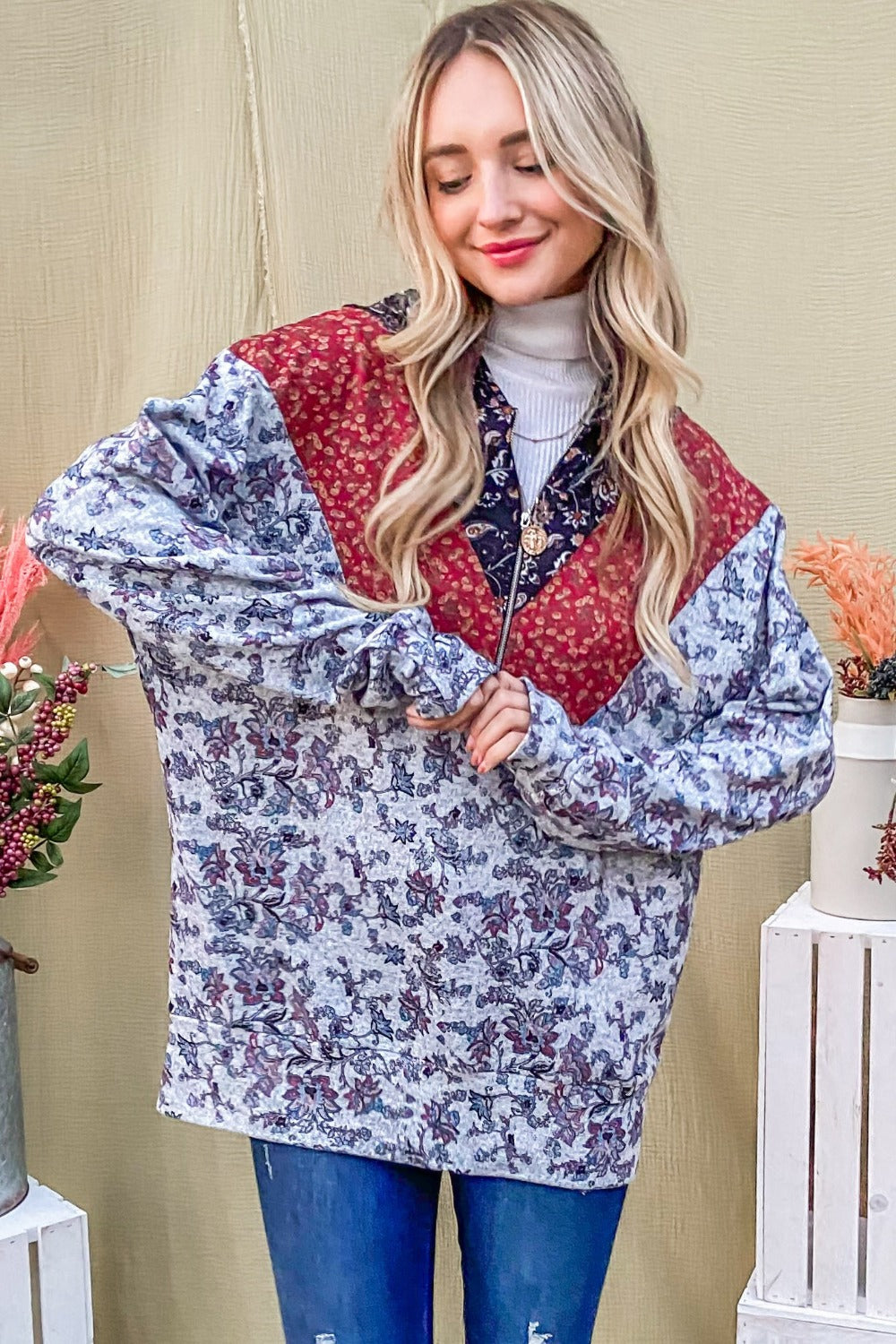 Elfriede® | And The Why printed long sleeve half zip hoodie