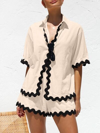 Azucena® | Set of top and shorts with contrast trim and half-length sleeves