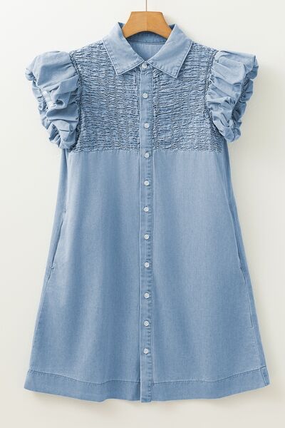 Angela® | Smocked denim dress with collar and cap sleeves