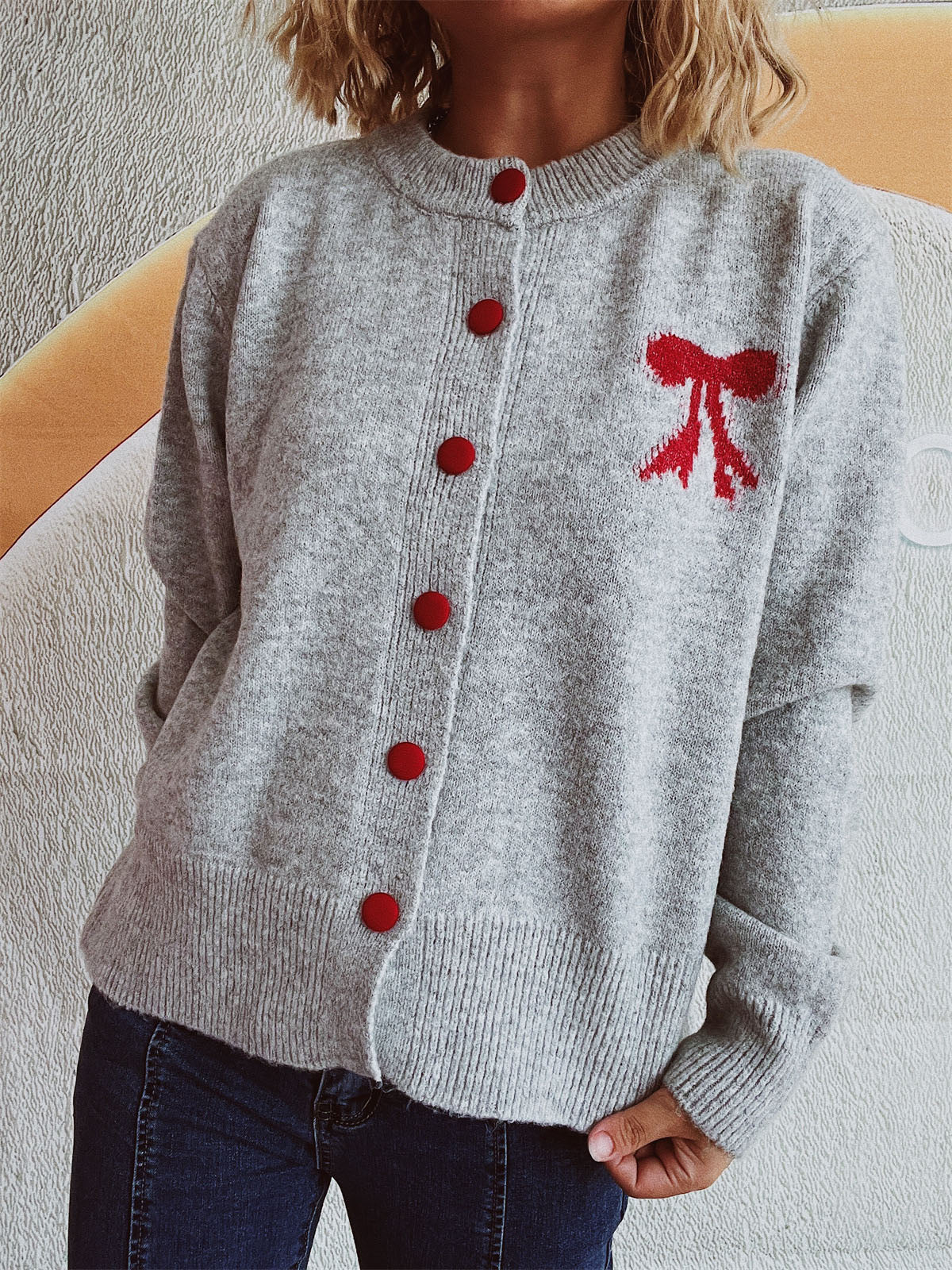 Beate® | Long-sleeved cardigan with bow and round neckline and buttons