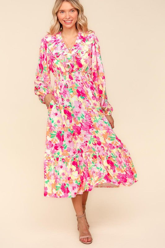 Carmen® | Haptics full size floral dress with surplice balloon sleeves and side pockets