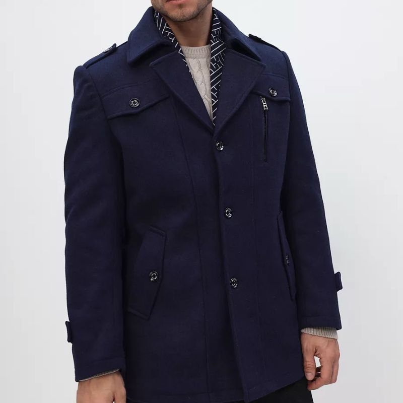 Men’s Mid-Length Coat – Tailored Fit – Wool Blend – Notched Lapel – Button Front