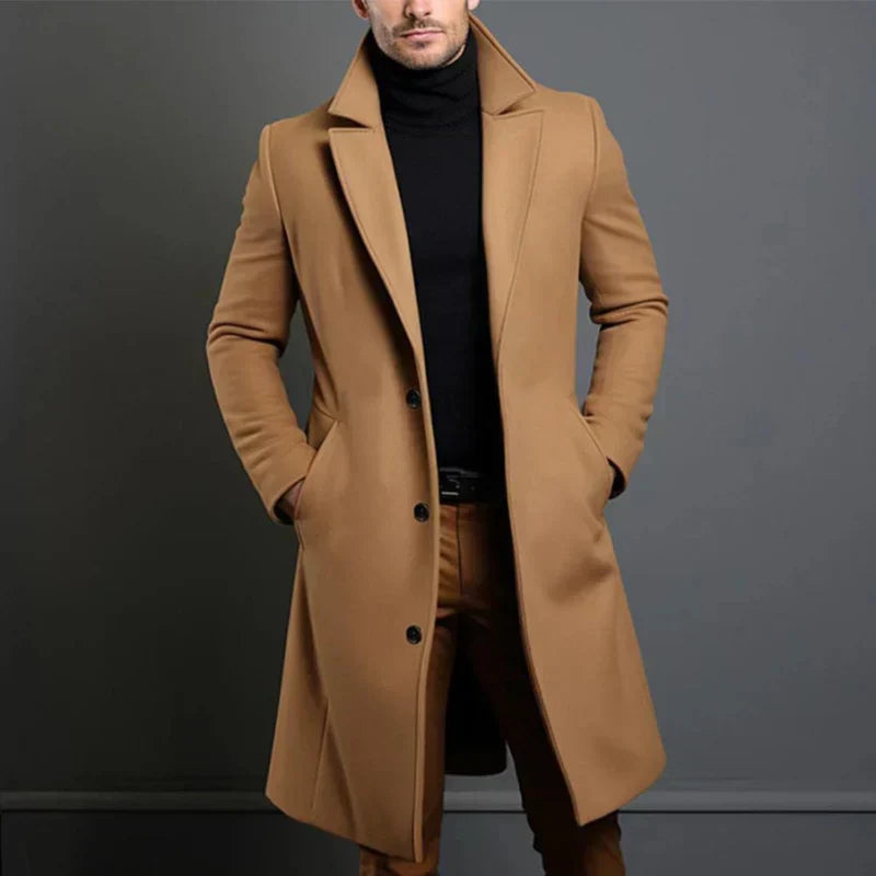 Men’s Wool Coat – Tailored Fit – Full Length – Notched Lapel – Formal Outerwear