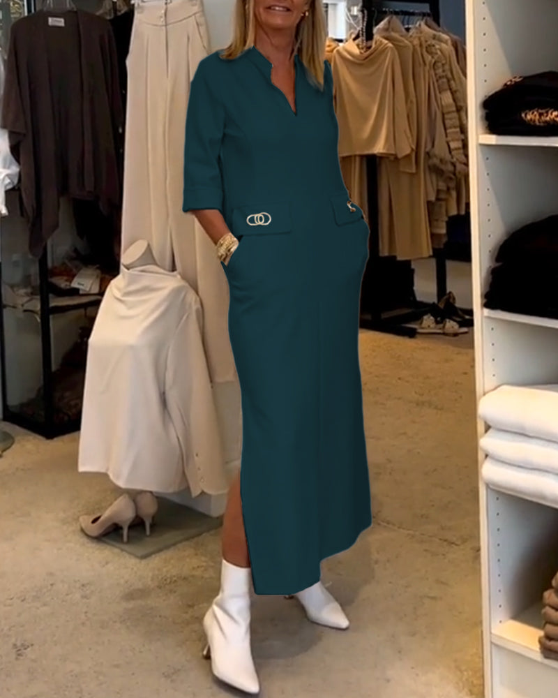 Adela® | Solid color slit dress with 3/4 sleeves