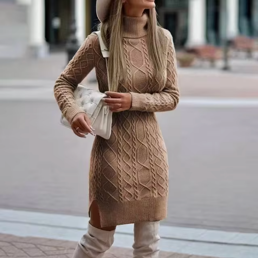 Women’s Knitted Dress – Slim Fit – Turtleneck – Cable Knit – Midi Length – Long Sleeve