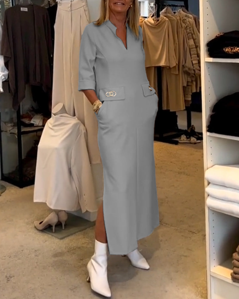 Adela® | Solid color slit dress with 3/4 sleeves