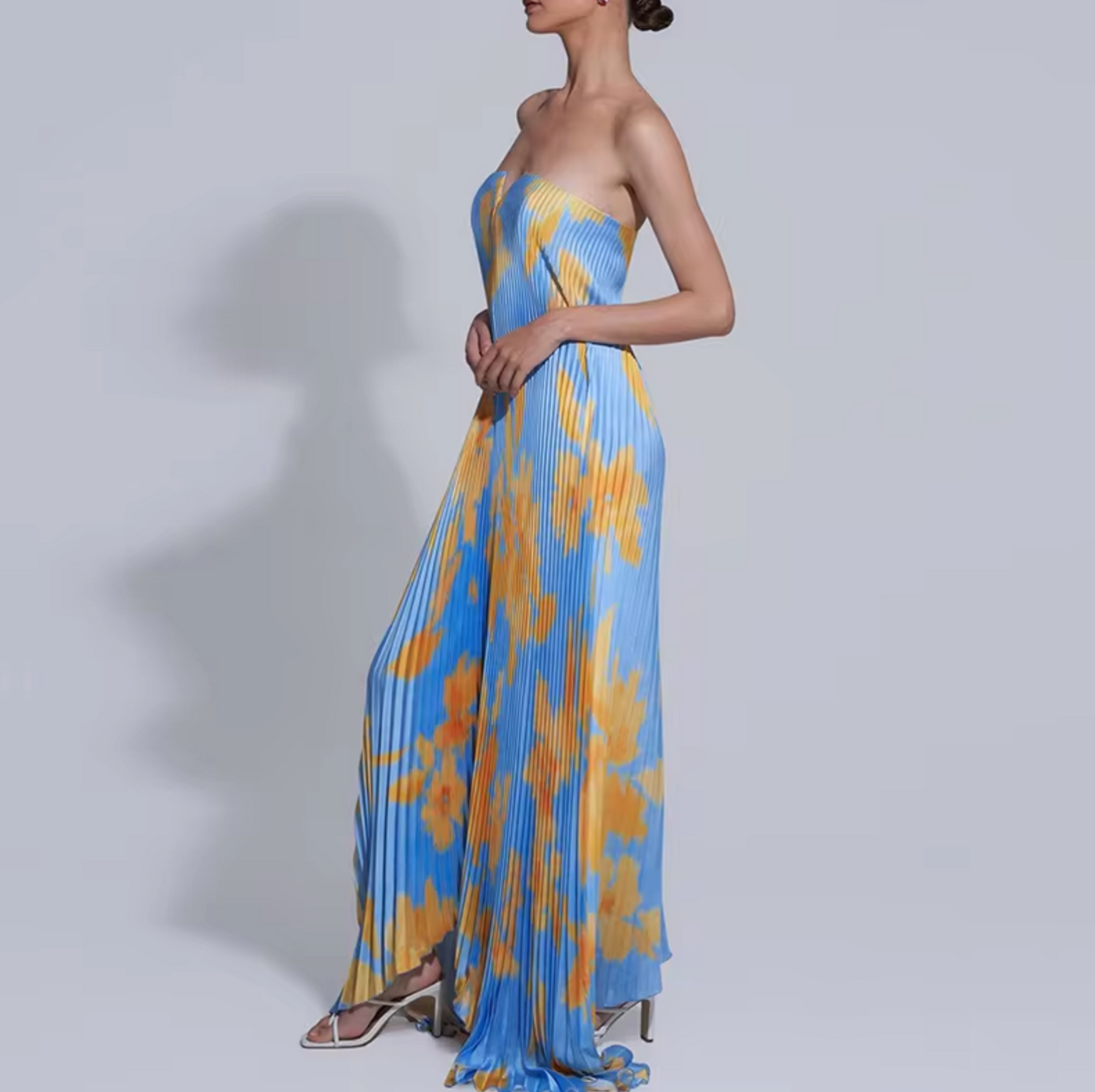 Angela® | Long bandeau dress with floral pattern and pleats
