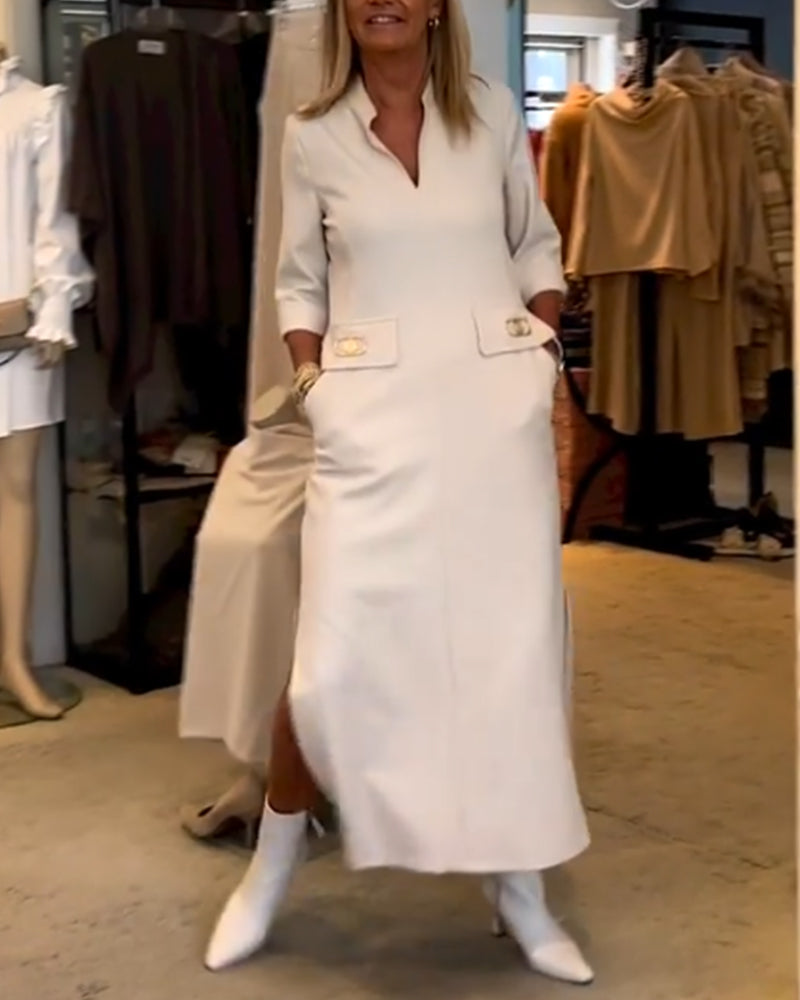 Adela® | Solid color slit dress with 3/4 sleeves