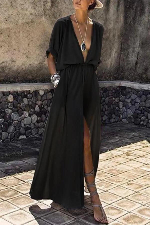 Alicia® | Solid Color Mid-Length Sleeve Large Swing Split Long Dress for Women