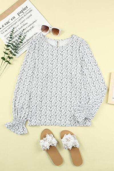 Clara® | Printed blouse with flounced sleeves and a round neckline