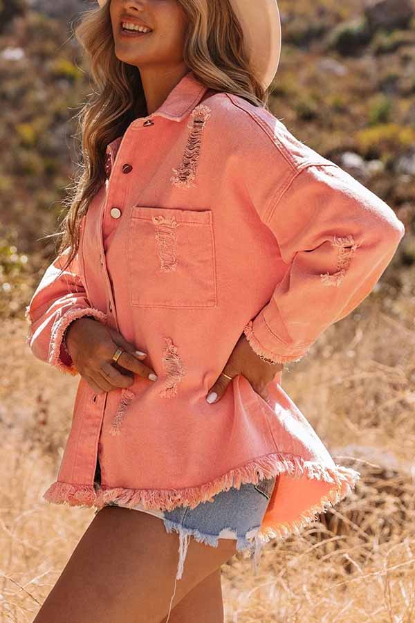 Danna® | Distressed Raw Hem Denim Jacket with Chest Pockets