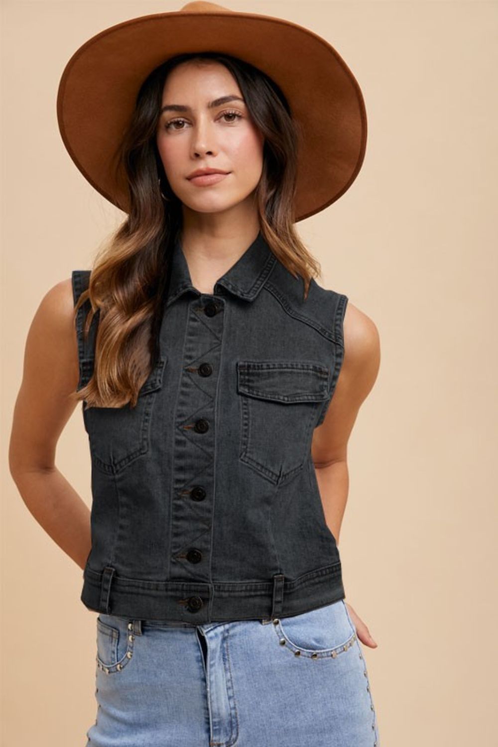 Eden® | Denim vest with collar and button placket