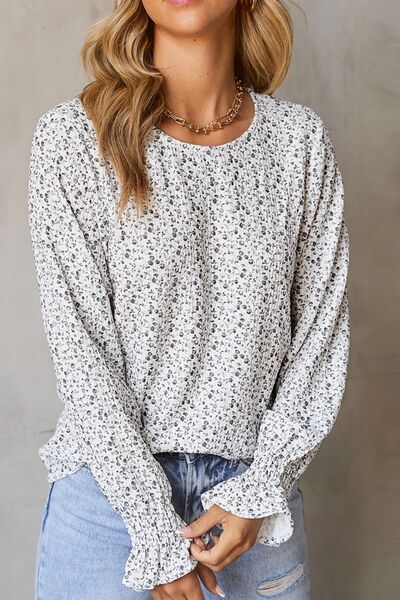 Clara® | Printed blouse with flounced sleeves and a round neckline