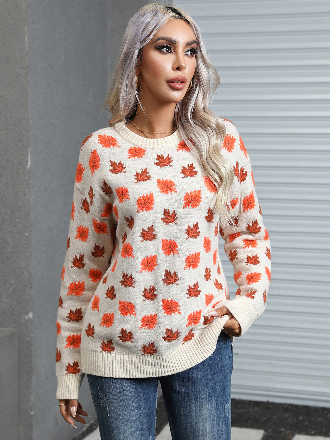Araceli® | Maple leaf long sleeve crew neck sweater