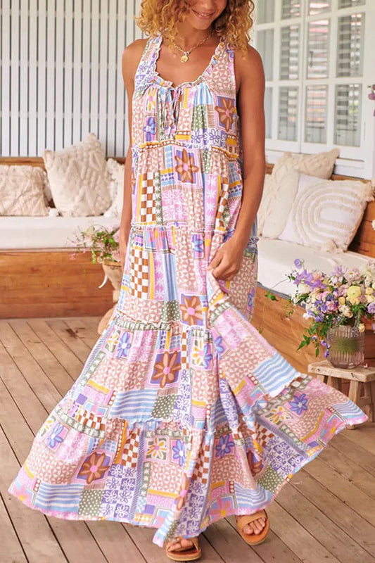 Cinthia® | Long dress with floral puzzle and round neck