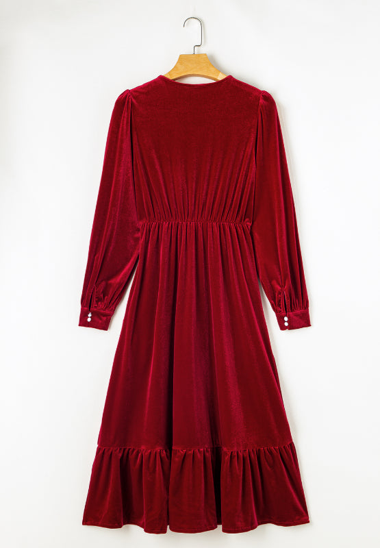 Amanda® | Long sleeve dress with ruffle hem and slit and V-neck