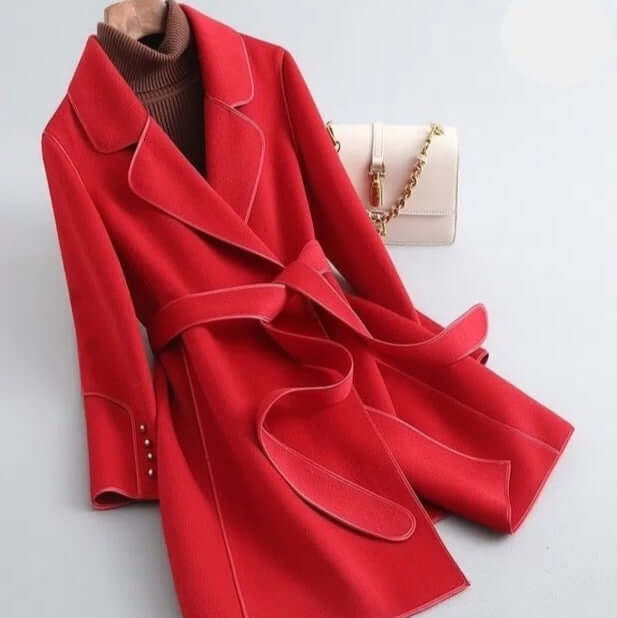 Women’s Wool Coat – Tailored Fit – Wrap Style Belted – Notched Lapel – Full Length