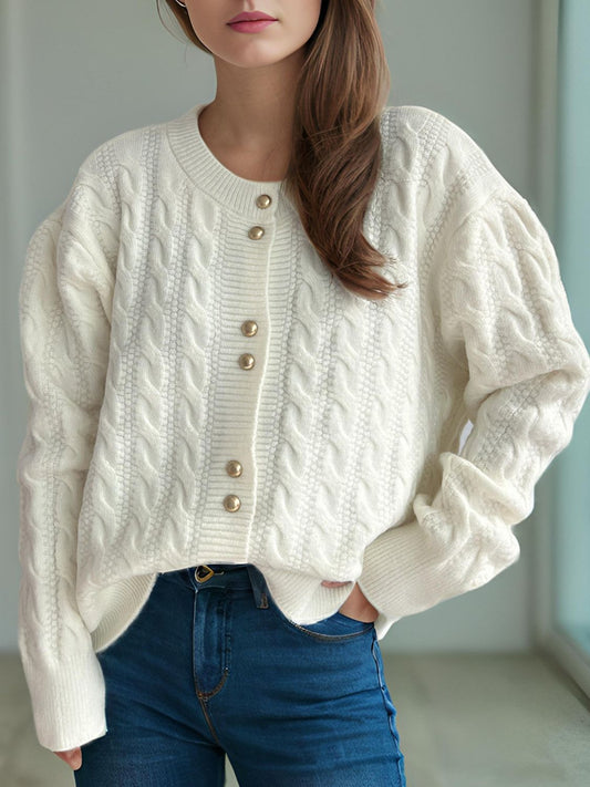 Cristina® | Cable knit cardigan with a crew neck and long sleeves