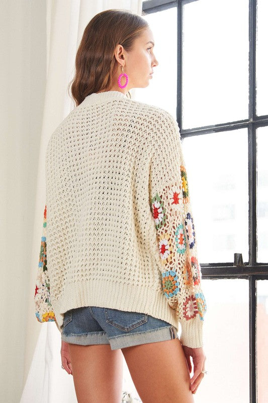 Clementine® | Full size long sleeve cardigan with contrast crochet pattern and open front