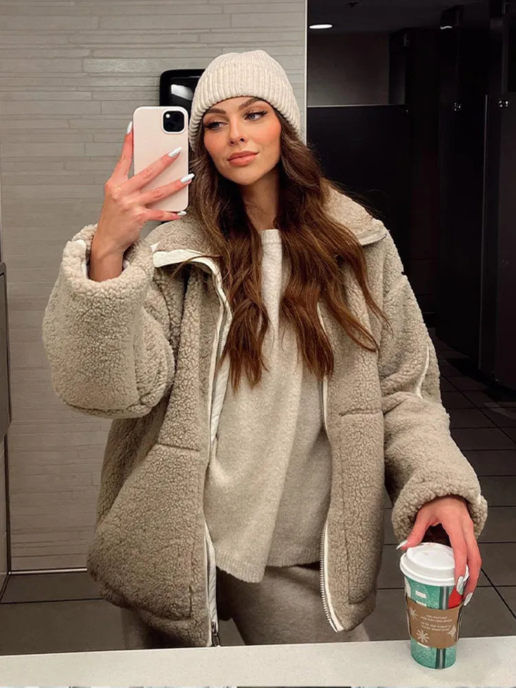 Women’s Coat – Oversized Fit – Soft Fleece – High Collar – Zipper Front – Hip Length