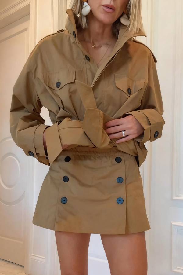 Cristina® | Chic Comfort Epaulettes Contrast Buttons Pocket Belt Cropped Trench Coat