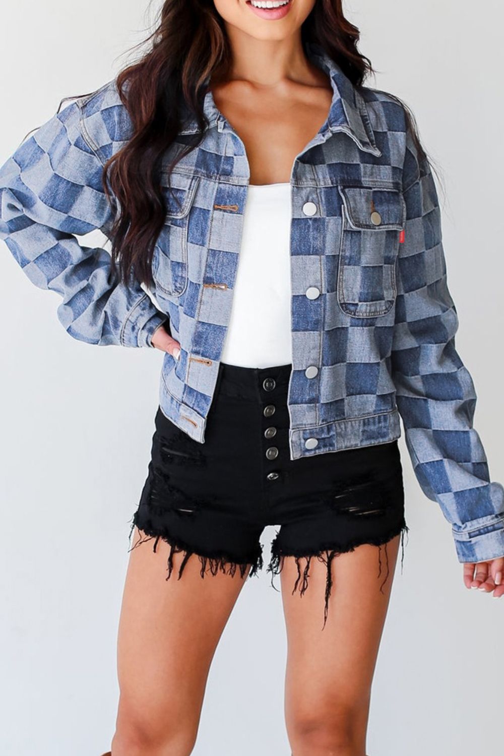 Alicia® | Checked denim jacket with buttons