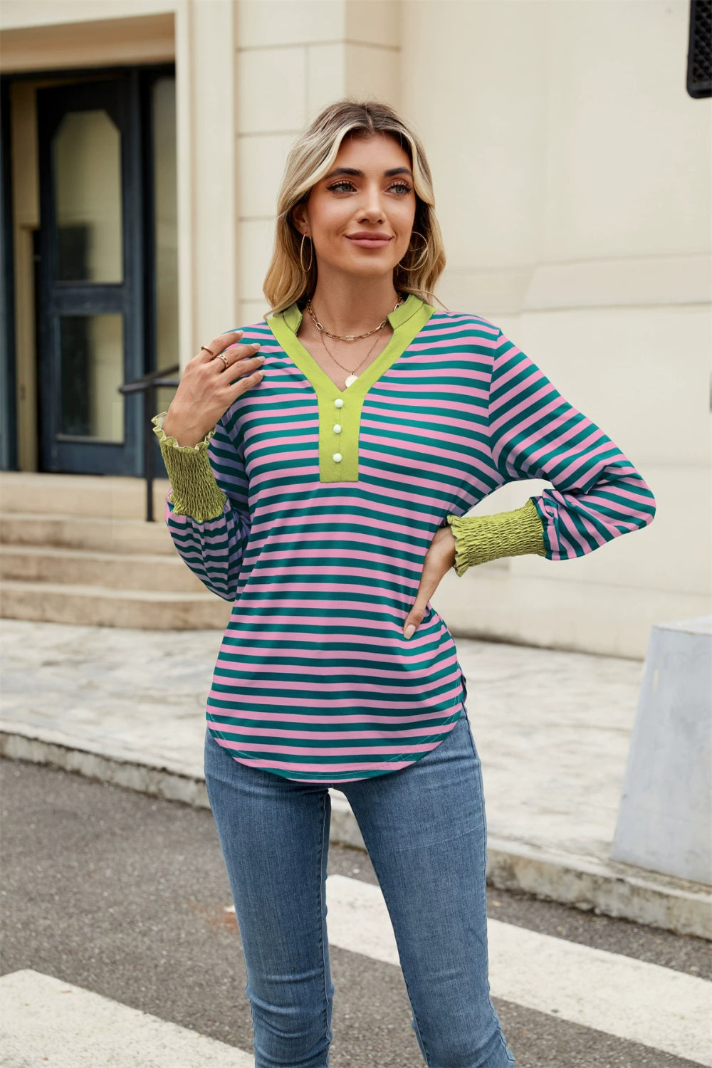 Elena® | Contrast striped long sleeve top with notches