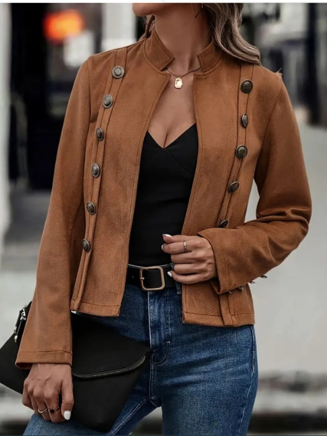 Delia® | Long-sleeved coat with decorative button placket and open front