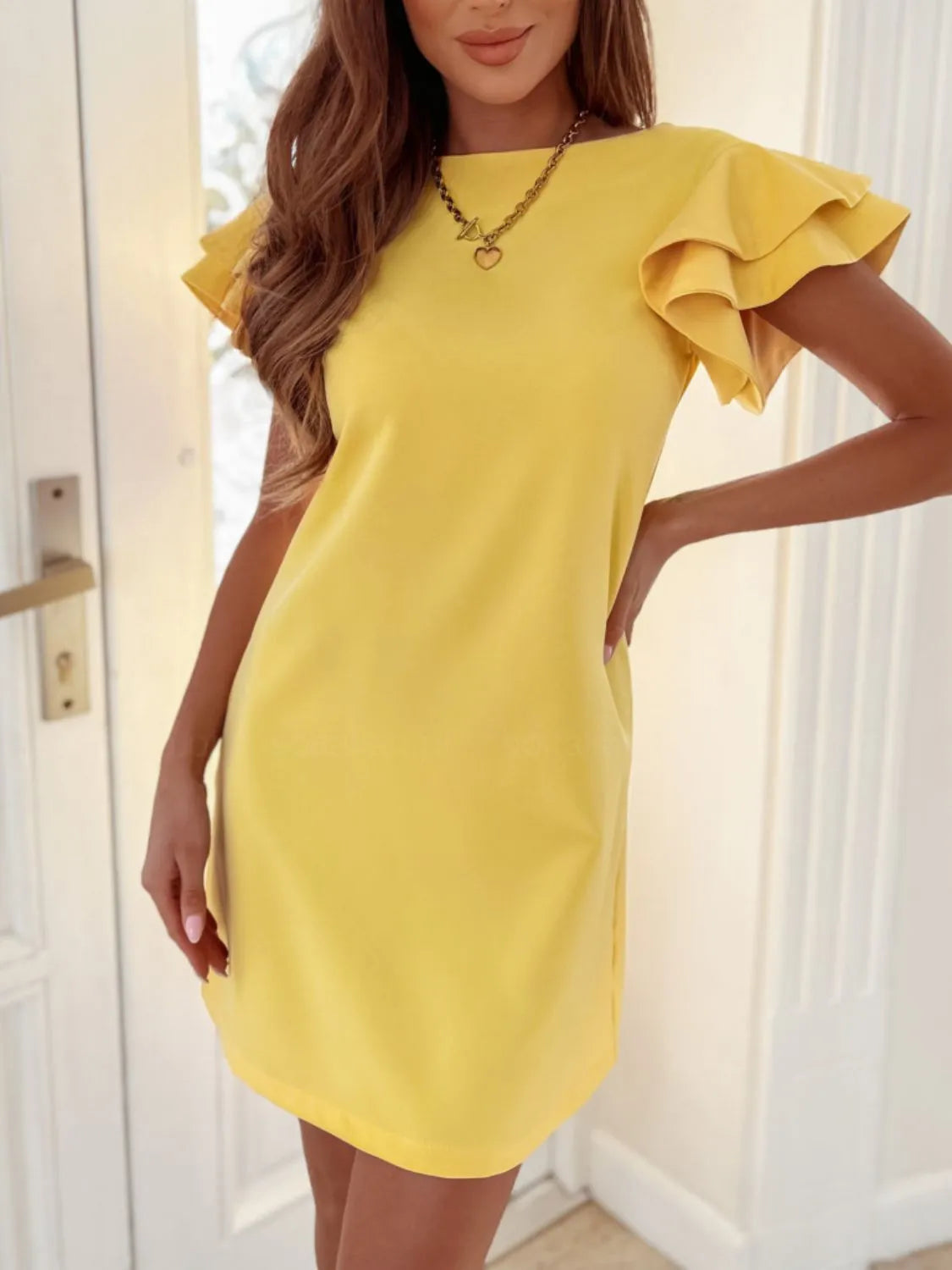 Claire® | Elegant Short-Sleeved Mini Dress With Ruffled Cape
