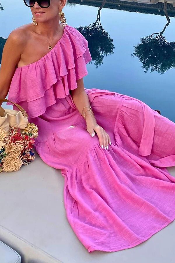 Danna® | Cotton blend maxi dress with ruffles and one-shoulder belt