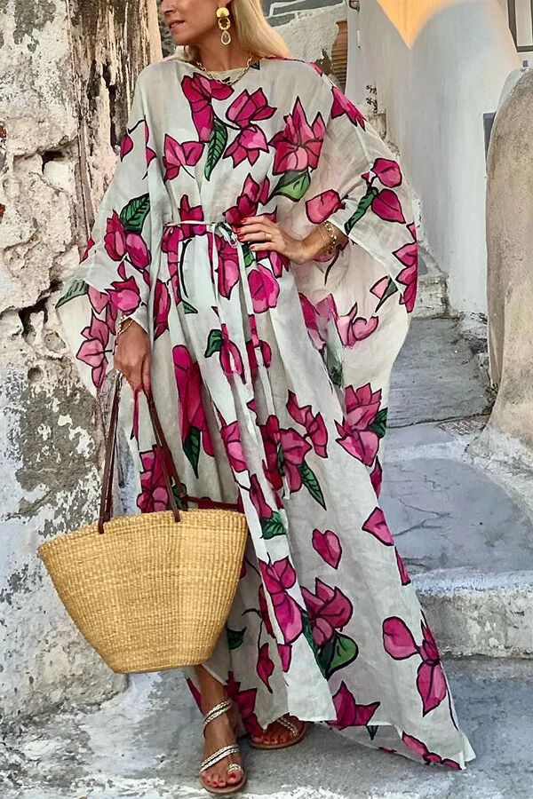 Chloe® | Loose floral print maxi dress with dolman sleeves and belt
