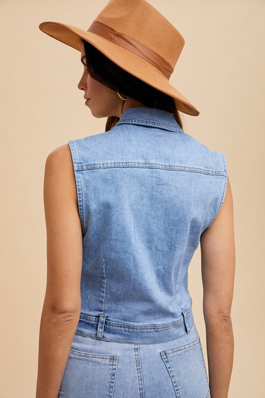 Elara® | Denim vest with collar and button placket