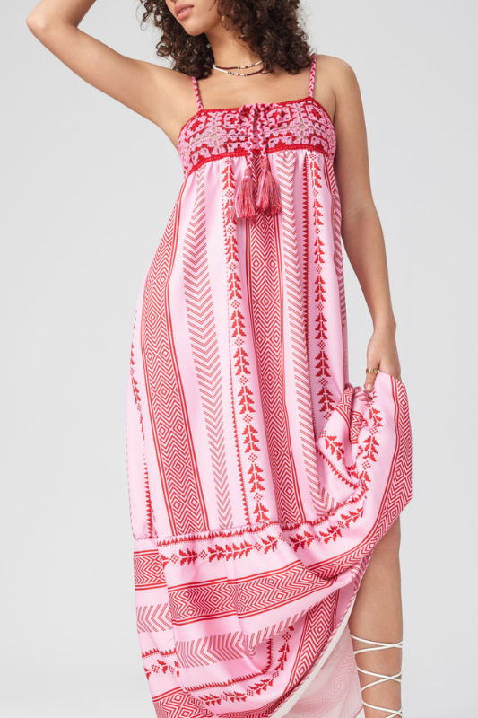 Elisa® | Printed Embroidered Camisole Midi Dress With Lace-Up Detail