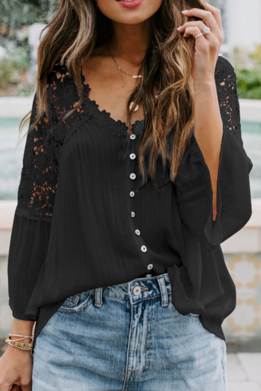 Celeste® | Top with neckline and V-neck and three-quarter sleeves