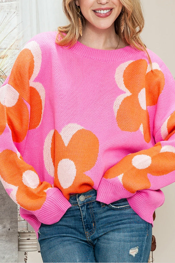 Brenda® | Pink & Orange Floral Cable Knitted Sweater