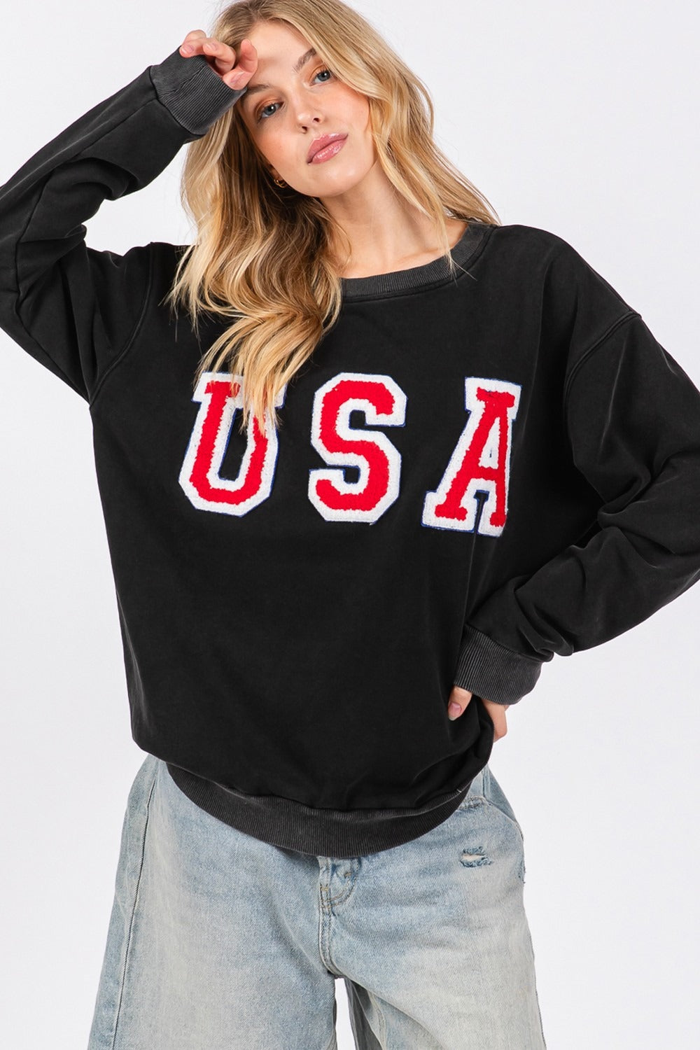 Begoña® | SAGE + FIG crew neck sweatshirt with USA letter patch