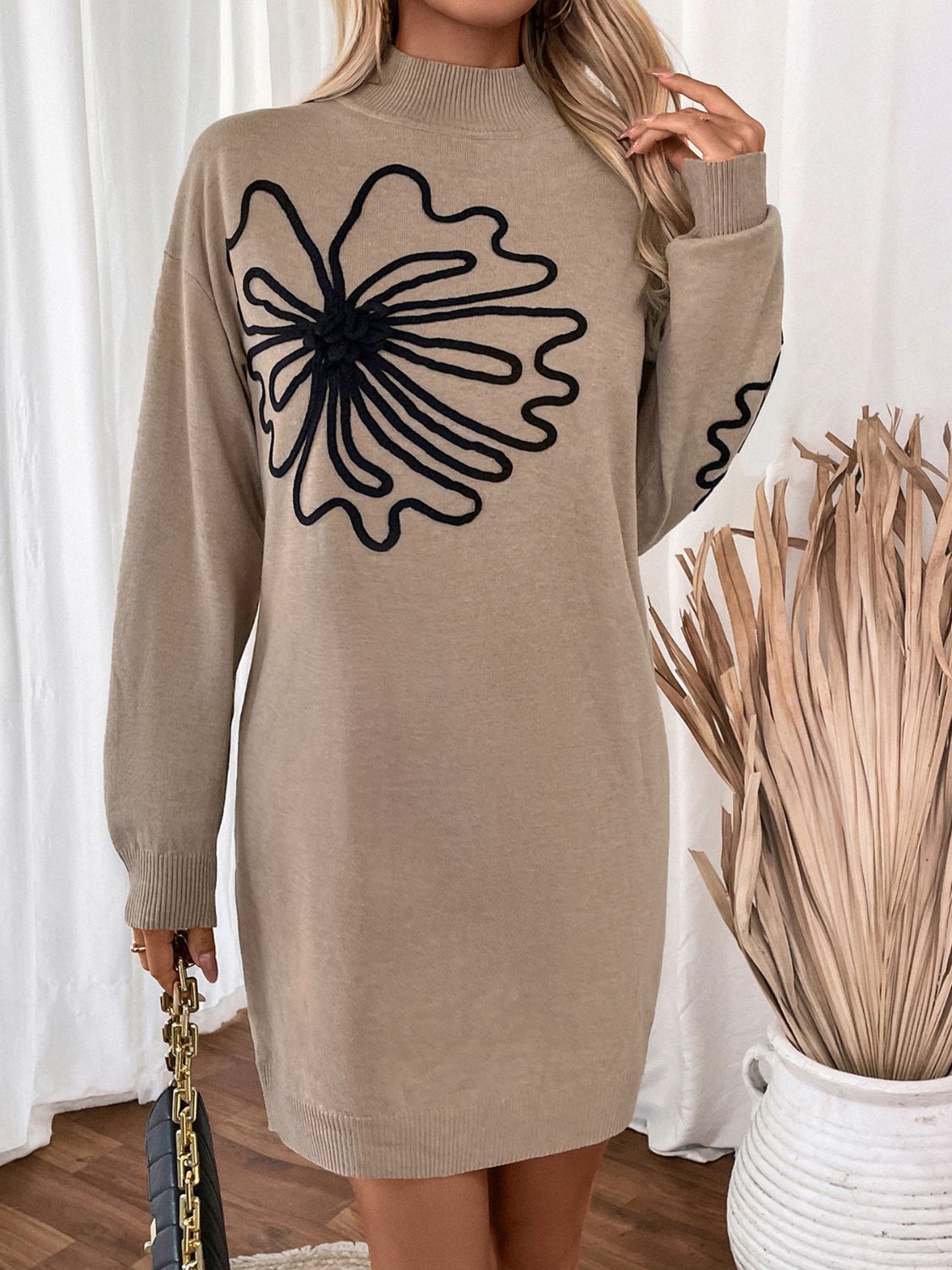 Cornelia® | Perfee floral sweater dress with stand-up collar and long sleeves