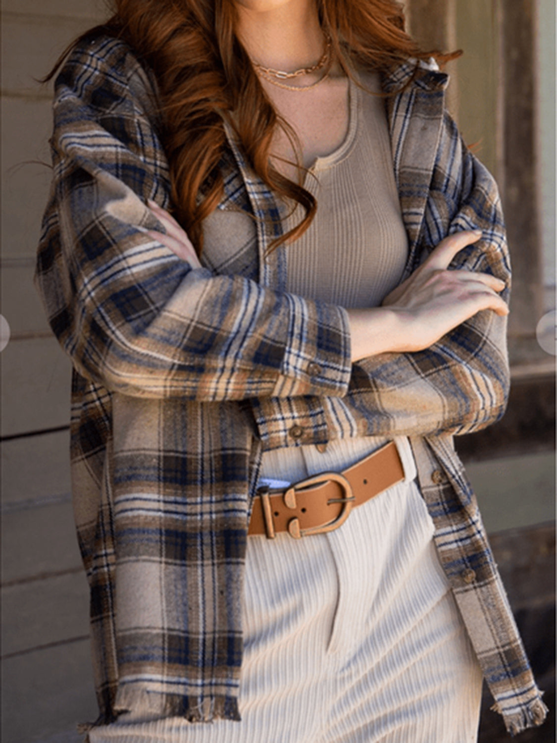 Carmen® | Checked long sleeve hooded jacket with raw hem