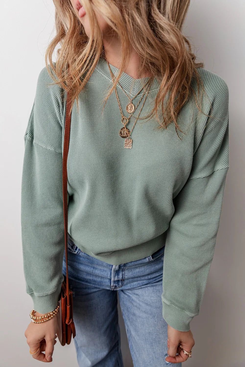 Avelina® | Waffle knit top with long sleeves and dropped shoulders